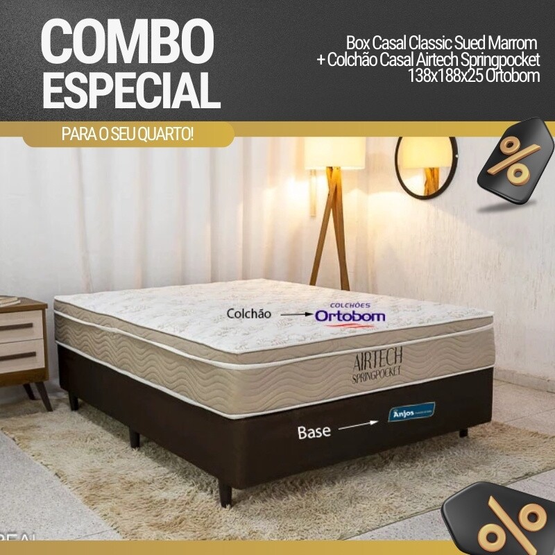 Box Casal Classic Sued Marrom + Colchão Casal Airtech Springpocket 138x188x25 Ortobom - Imagem 4