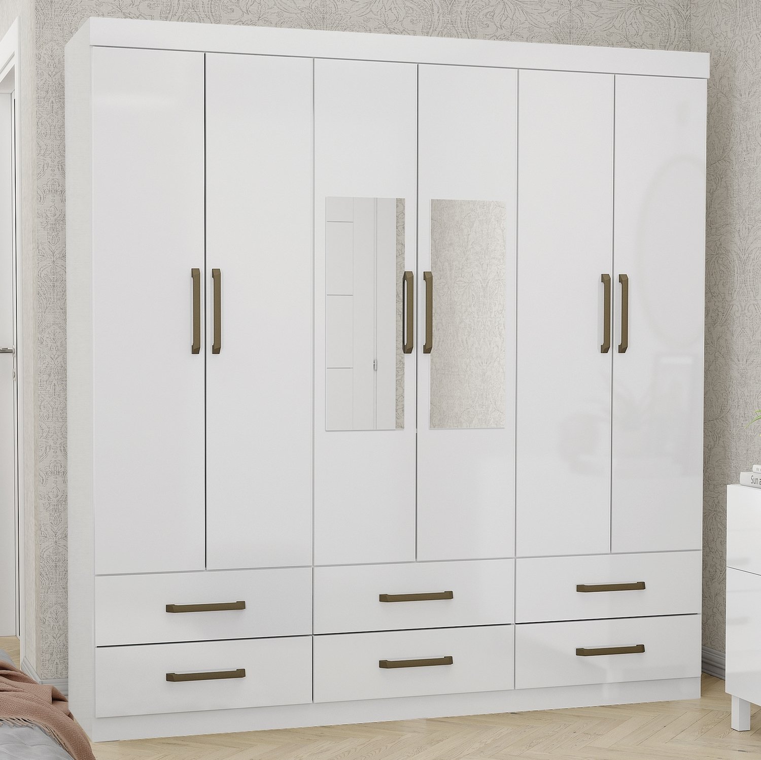 Guarda-Roupa 6 Portas(Com Espelho/Sem Pés)Dallas 1,53 m Branco – CARIOCA MÓVEIS