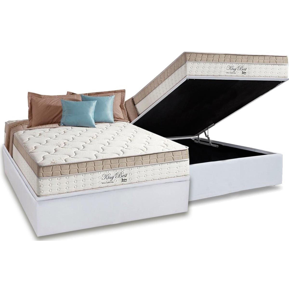 Colchão Casal King Best D28 + Base Box Baú Corino Branco – ANJOS COLCHÕES + ALTO NÍVEL CAMAS E COLCHÕES