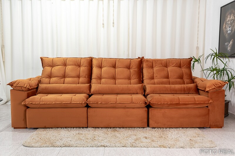 Sofá Retrátil Reclinável 3.20m Emanuelly Veludo Bege 24 - D28 Soft - Imagem 5