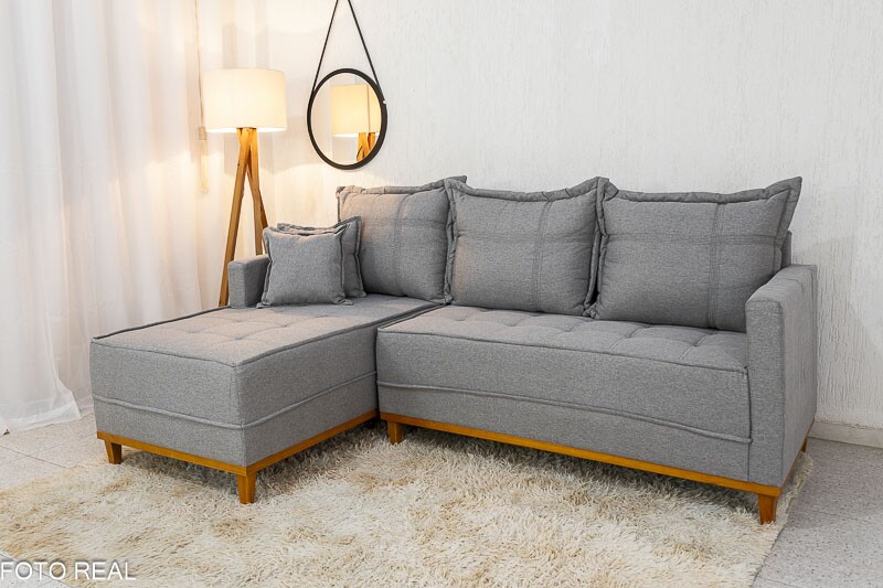 Sofá 3 Lug. Milão C/Chaise Lado Direito Veludo Bege 818 Larg. 2.30m - Molas Ensacadas