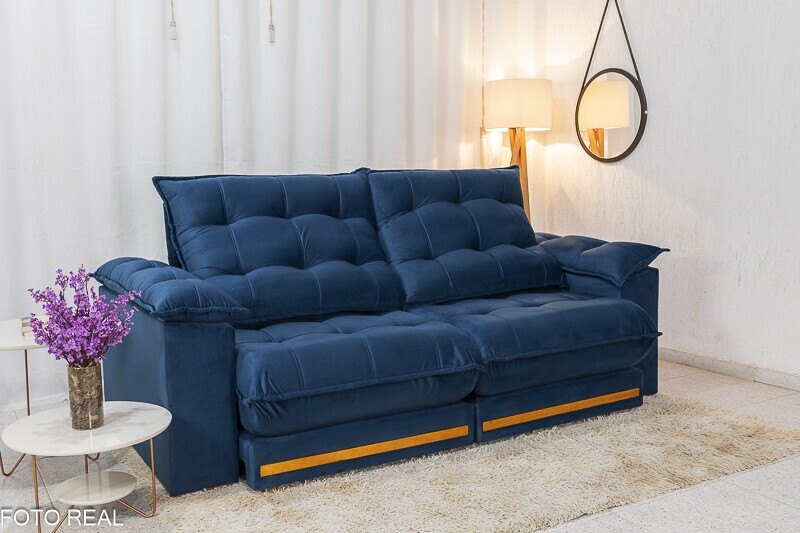 Sofá Retrátil Reclinável Barcelona Veludo Azul 325 Larg. 2.30m - D33 e Molas Ensacadas - Imagem 3