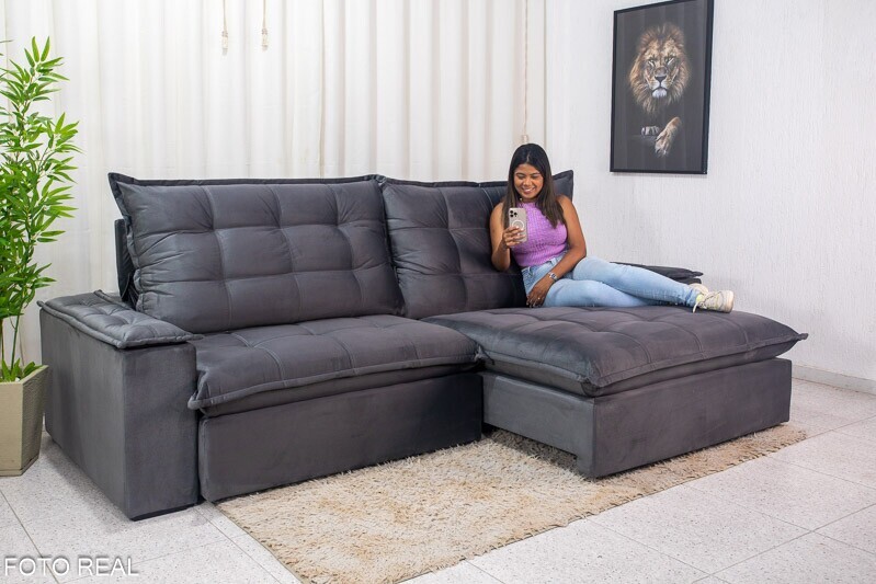 Sofá Retrátil Reclinável Atenas 2.90m Veludo Cinza 814 D33 e Molas Ensacadas - Imagem 9