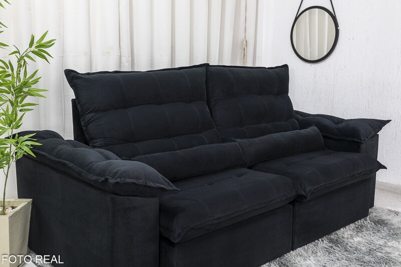 Sofá Retrátil Reclinável Emanuelly Veludo Preto 21 Larg. 2.30m - D28 Soft - Imagem 6