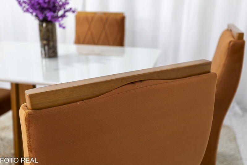 Mesa de Jantar Pedro Mel Vidro Off 120×80 4 Cadeiras Lisboa Veludo Terracota 513 Madeira Maciça Art Assento - Entregue Montada - Imagem 5