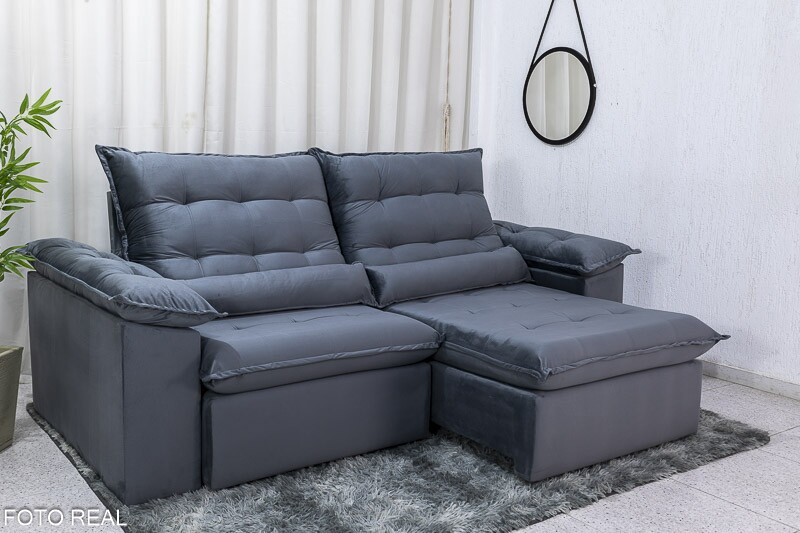 Sofá Retrátil Reclinável 2.30m Emanuelly Veludo Cinza 20 - D28 Soft - Imagem 2