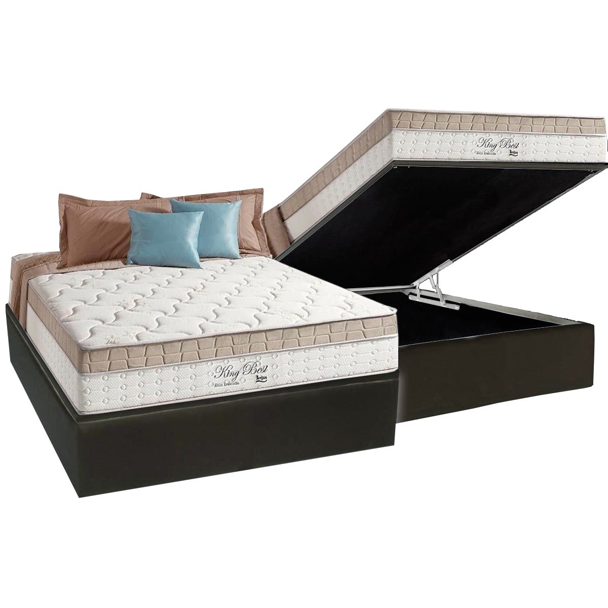 Colchão Casal King Best D28 + Base Box Baú Corino Preto – ANJOS COLCHÕES + ALTO NÍVEL CAMAS E COLCHÕES