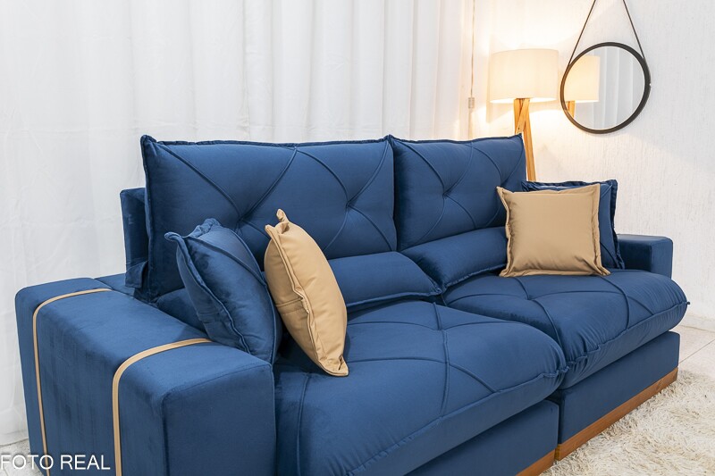 Sofá Retrátil Reclinável 2.50m Gran Bello Veludo Azul - D33 e Molas Ensacadas - Imagem 6