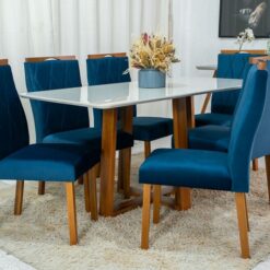 Mesa de Jantar Pedro Mel Vidro Off 160×80 6 Cadeiras Lisboa Veludo Azul 503 Madeira Maciça Art Assento - Entregue Montada