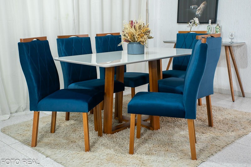 Mesa de Jantar Pedro Mel Vidro Off 160×80 6 Cadeiras Lisboa Veludo Azul 503 Madeira Maciça Art Assento - Entregue Montada