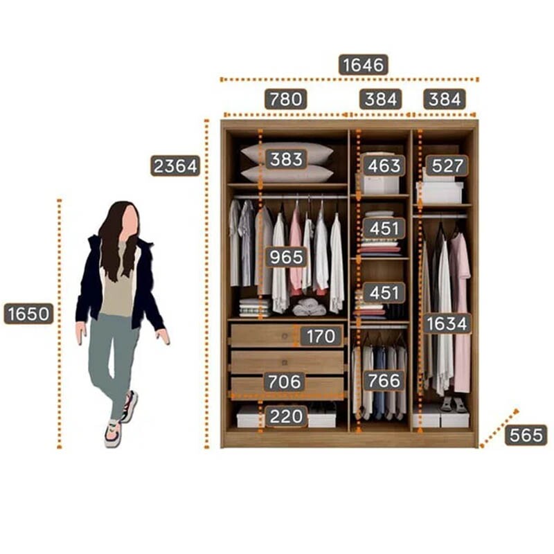 Guarda-Roupa Solteiro Moderni Plus 100% MDF 4 Portas 3 Gavetas Larg. 1.645m Cumaru/Fendi Novo Horizonte - Imagem 3