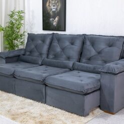 Sofá Retrátil Reclinável 2.70m Roma Veludo Cinza 20 - D28 Soft