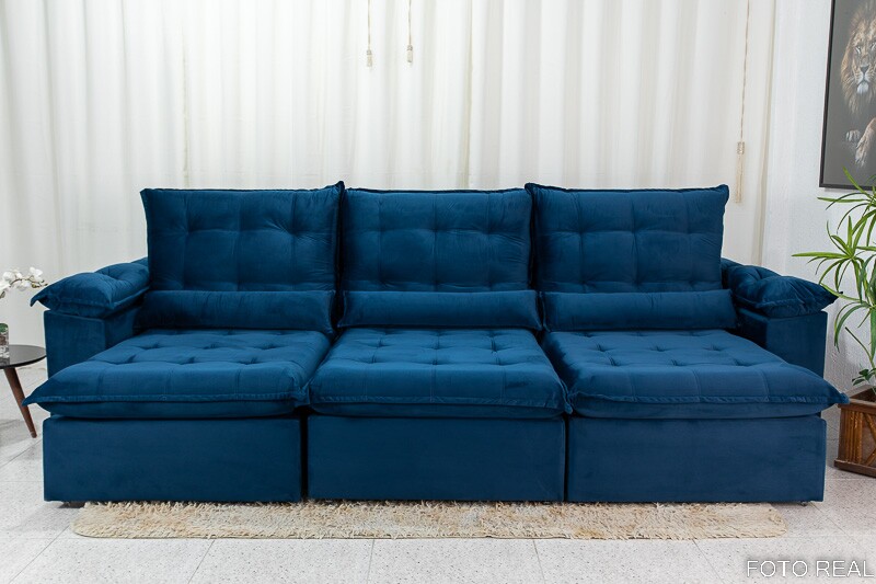 Sofá Retrátil Reclinável 3.20m Emanuelly Veludo Azul 03 - D28 Soft - Imagem 5