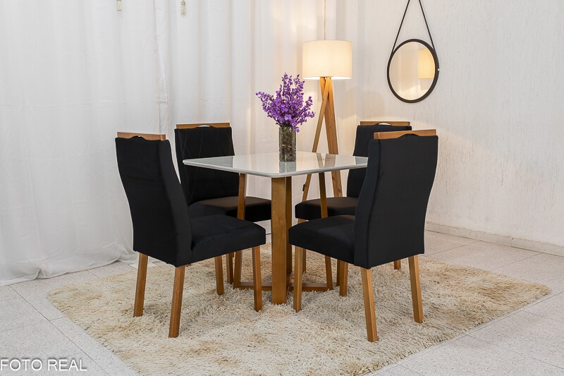 Mesa de Jantar Pedro Mel Vidro Off 90×90 4 Cadeiras Lisboa Veludo Preto 504 Madeira Maciça Art Assento - Entregue Montada - Imagem 2