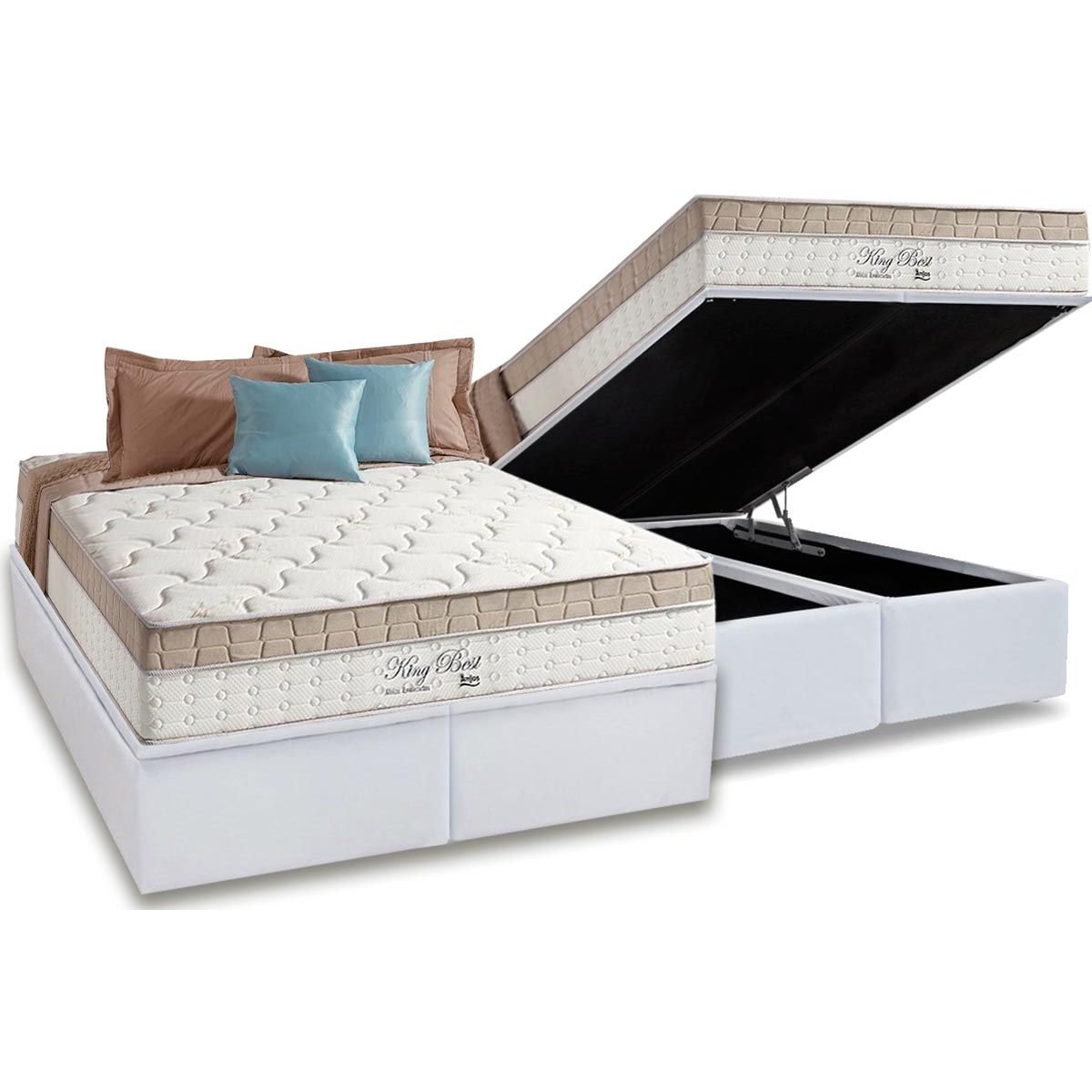 Colchão Queen King Best D28 + Base Box Baú Corino Branco – ANJOS COLCHÕES + ALTO NÍVEL CAMAS E COLCHÕES