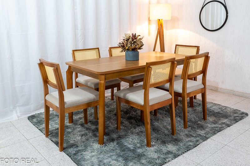 Mesa de Jantar Alegra Tampo Cinamomo 160×80 6 Cadeiras Jade Linho Bege 29011 JCM Madeira Maciça - Imagem 3