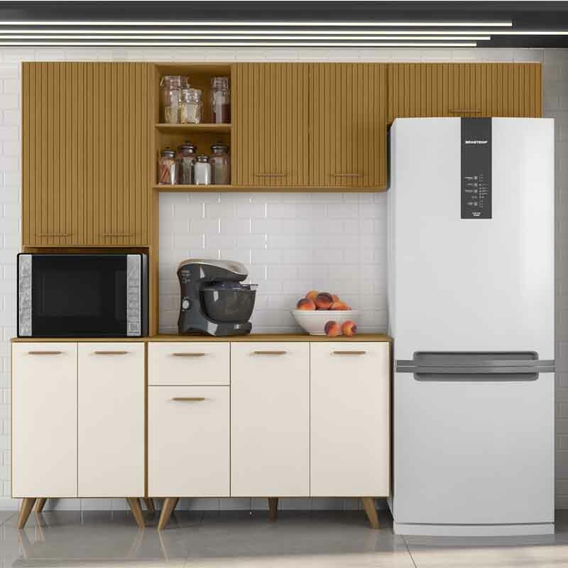 Armário Cozinha Olinda Ripado 3D 4 Peças Paneleiro + Aéreo 1.05m + Balcão e Aéreo de Geladeira Freijó/Off Poliman