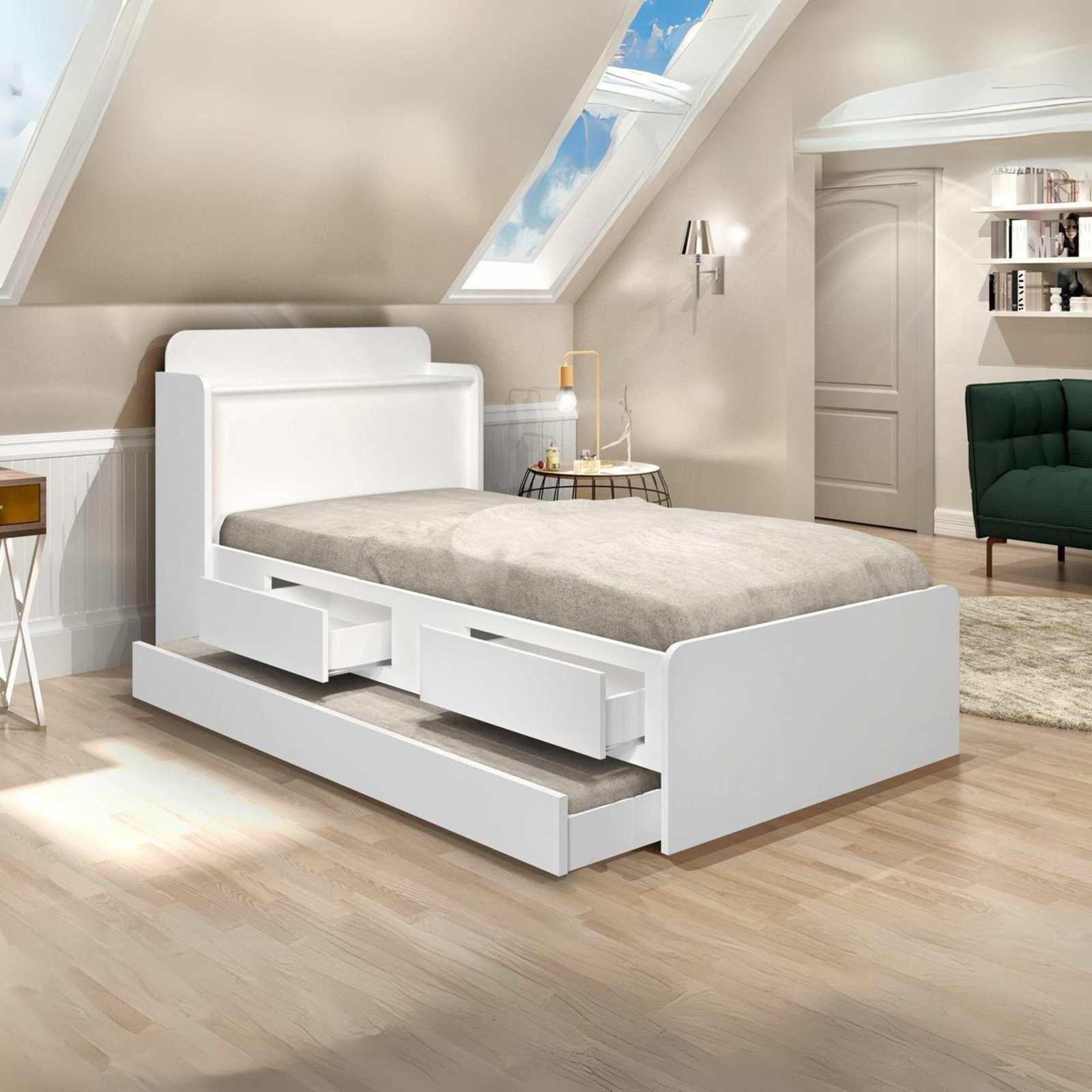 Cama Solteiro Baú Tamires + Auxiliar Mili Branco - MADEC/VJ MÓVEIS