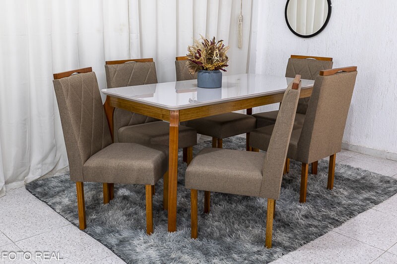 Mesa de Jantar Alegra Tampo Vidro Off 160×80 6 Cadeiras Diamante Linho Capuccino 29033 JCM Madeira Maciça