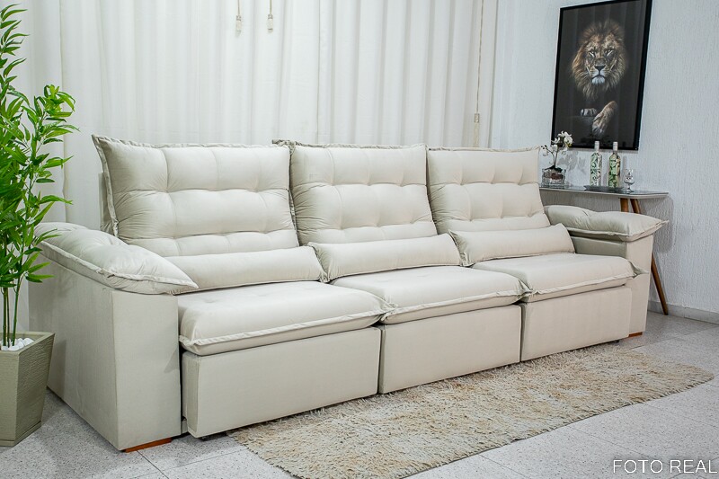 Sofá Retrátil Reclinável Emanuelly Veludo Bege 01 Larg. 3.20m - D28 Soft - Imagem 6