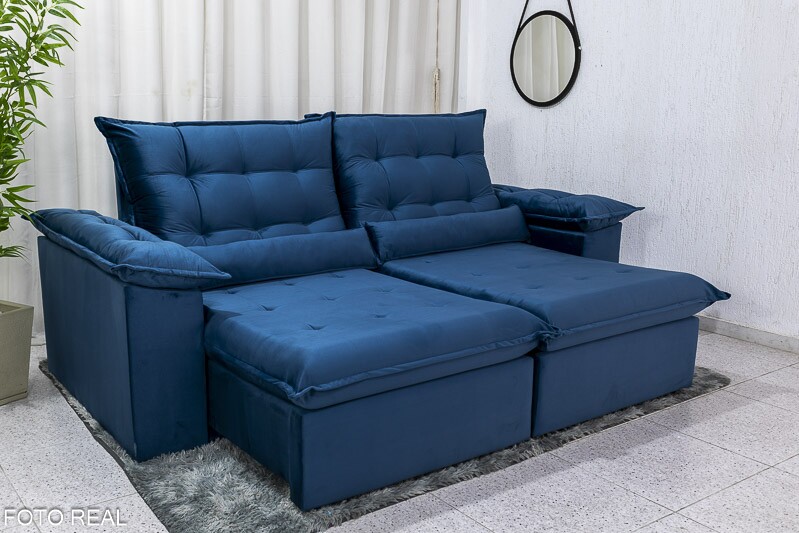 Sofá Retrátil Reclinável 2.00m Emanuelly Veludo Azul 03 D28 Soft - Imagem 2