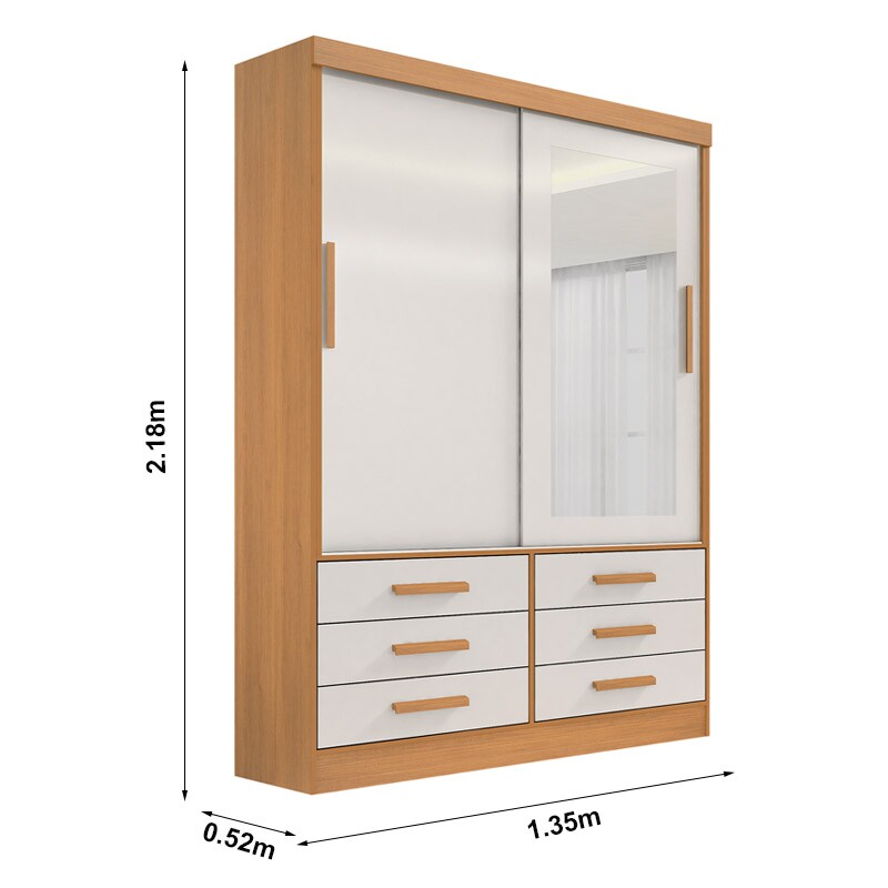 Guarda-Roupa Solteiro Meridian Plus 2 Portas 6 Gavetas Cinamomo/Off White Larg. 1.35m D Doro - Imagem 3