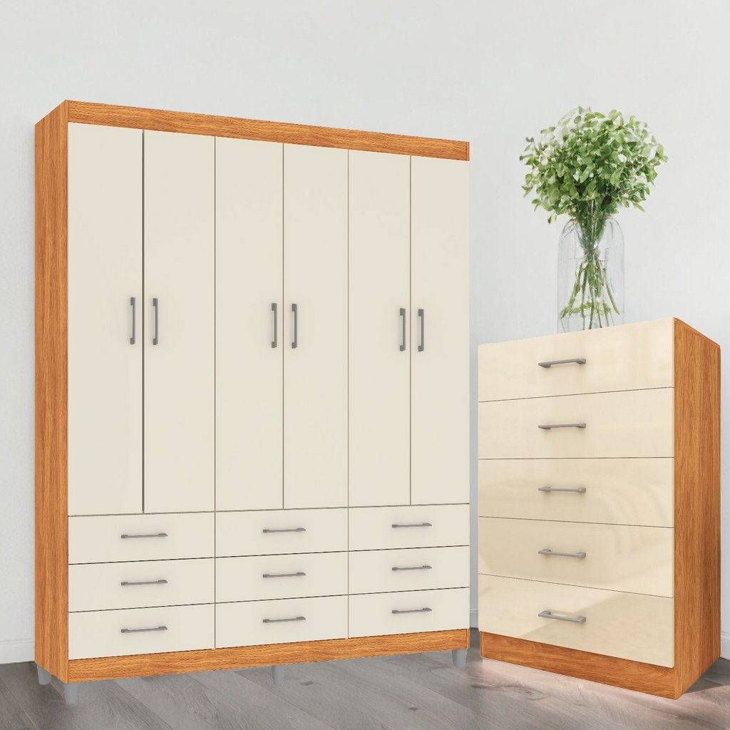Guarda-Roupa 6 Portas Paraty 3690 + Cômoda 5 Gavetas Aruba Cinamono/Off White - FELLICCI
