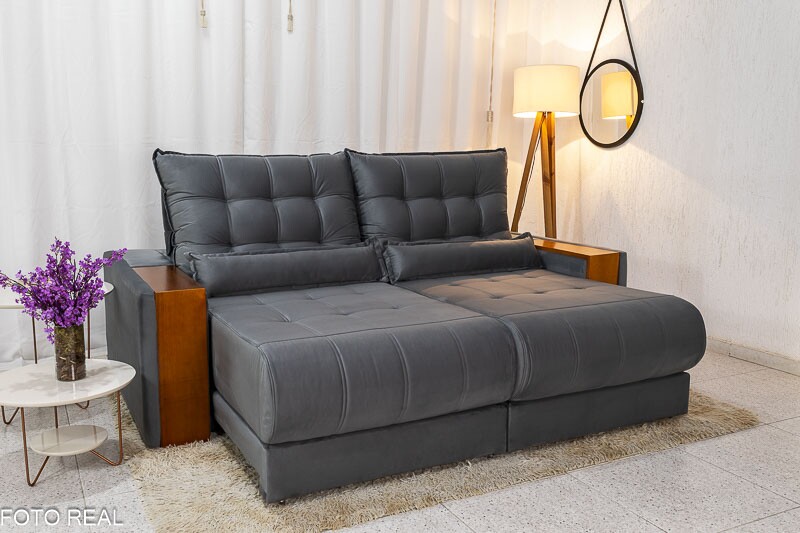 Sofá Retrátil Reclinável 2.30m Gênova Veludo Cinza 814 - Molas Ensacadas