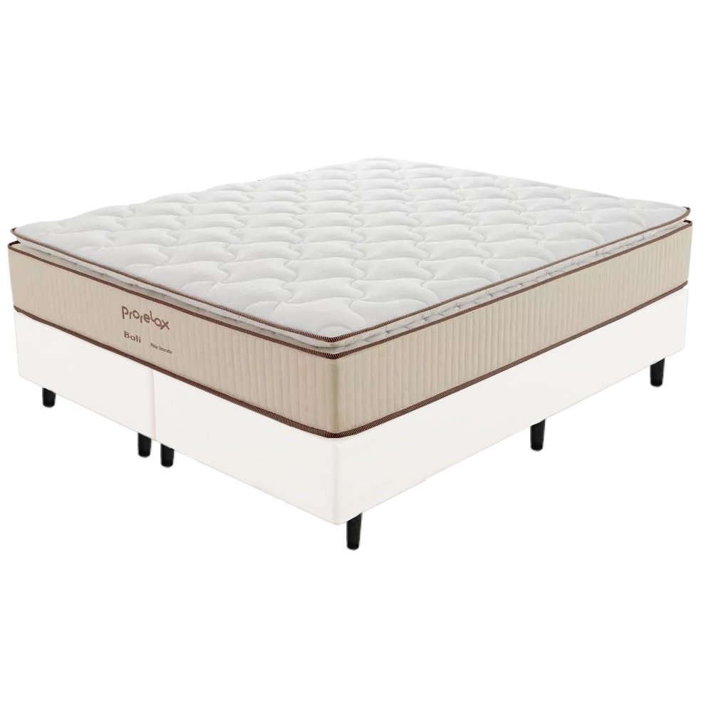 Colchão Queen Bali D33 + Base Box Simples Corino Branco – PRORELAX + ALTO NÍVEL CAMAS E COLCHÕES