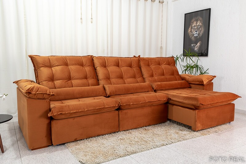 Sofá Retrátil Reclinável 3.20m Emanuelly Veludo Bege 24 - D28 Soft - Imagem 6