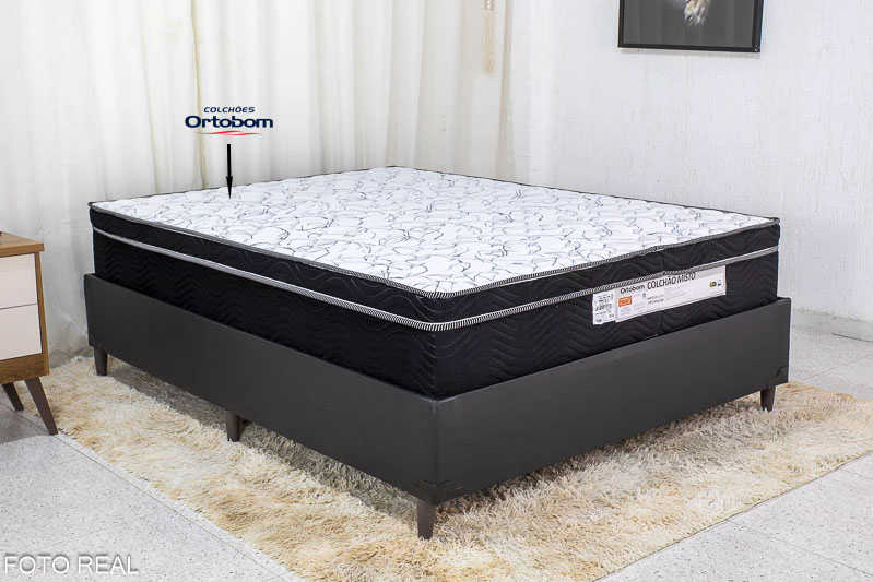 Box Casal Zeus Korino Preto SE + Colchão Casal Ortopédico EPS Airtech 150 Ortopillow 138x188x66 Ortobom