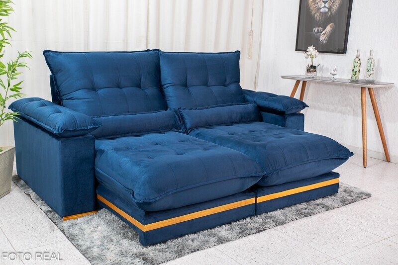 Sofá Retrátil Reclinável 2.50m Ibis Veludo Azul 800 - D33 e Molas Ensacadas - Imagem 2