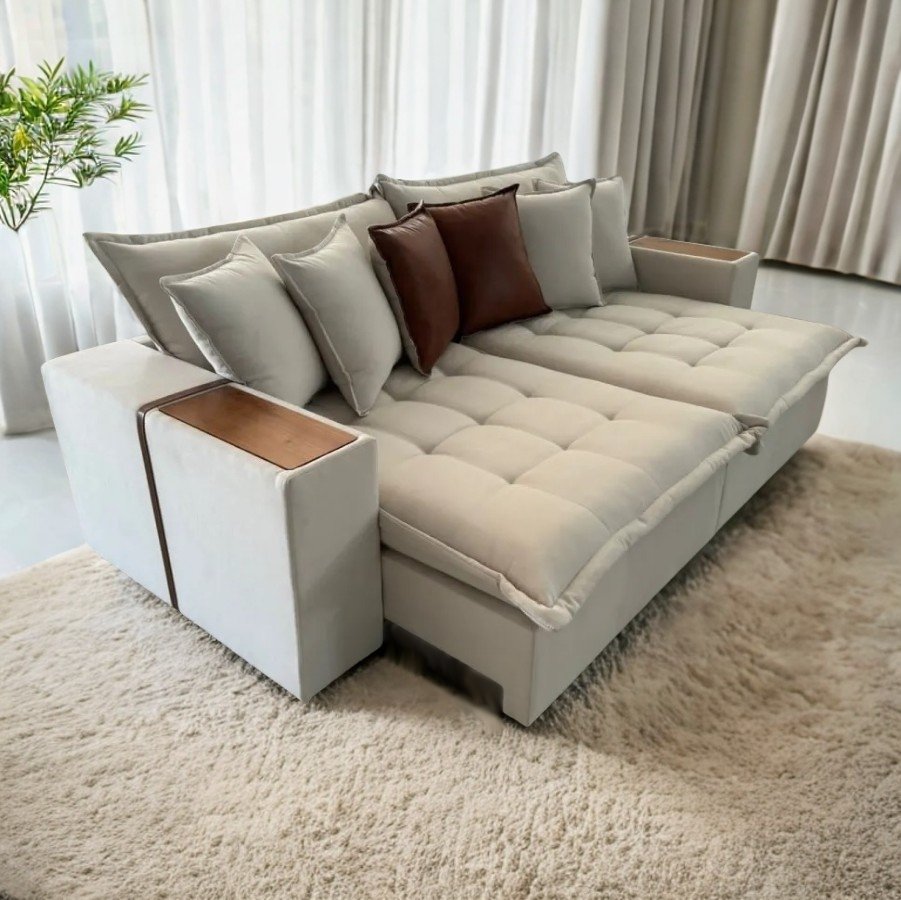 Sofá Cama Retrátil Thebas/Gabriela 2,90 m Linho Cru 304/Courino Dalas - ZARAT ESTOFADOS