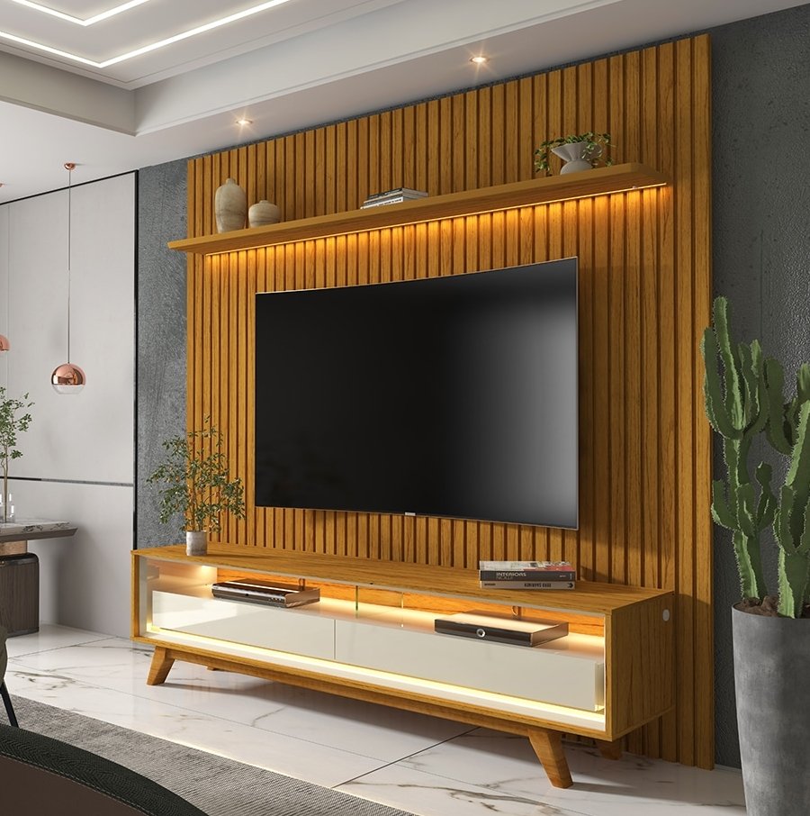 Painel até 75" Nobre 185 Naturale + Rack Requinte 172 Naturale/Off White - GELIUS