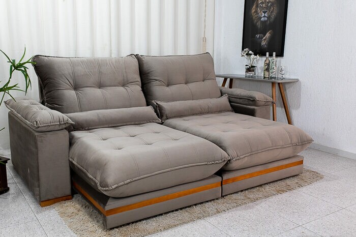 Sofá Retrátil Reclinável Ibis Veludo Cinza 813 Larg. 2.50m - D33 e Molas Ensacadas