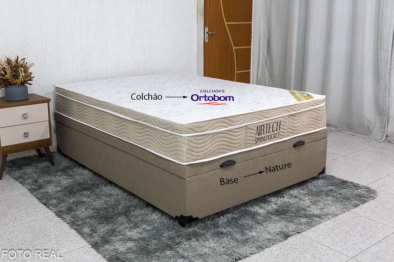 Box Baú Casal Eli Korino Bege Blindado + Colchão Casal Airtech Springpocket 138x188x67 Ortobom
