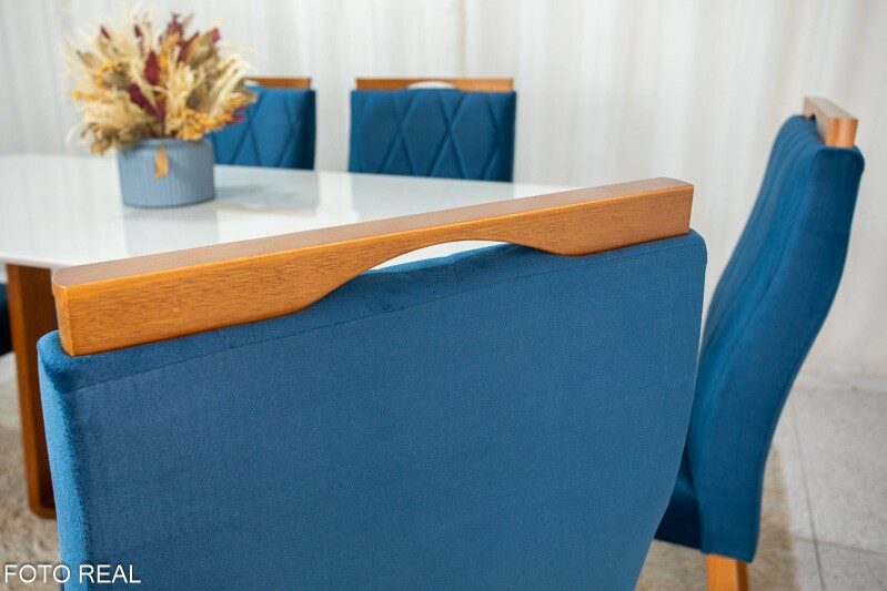 Mesa de Jantar Pedro Mel Vidro Off 160×80 6 Cadeiras Lisboa Veludo Azul 503 Madeira Maciça Art Assento - Entregue Montada - Imagem 4