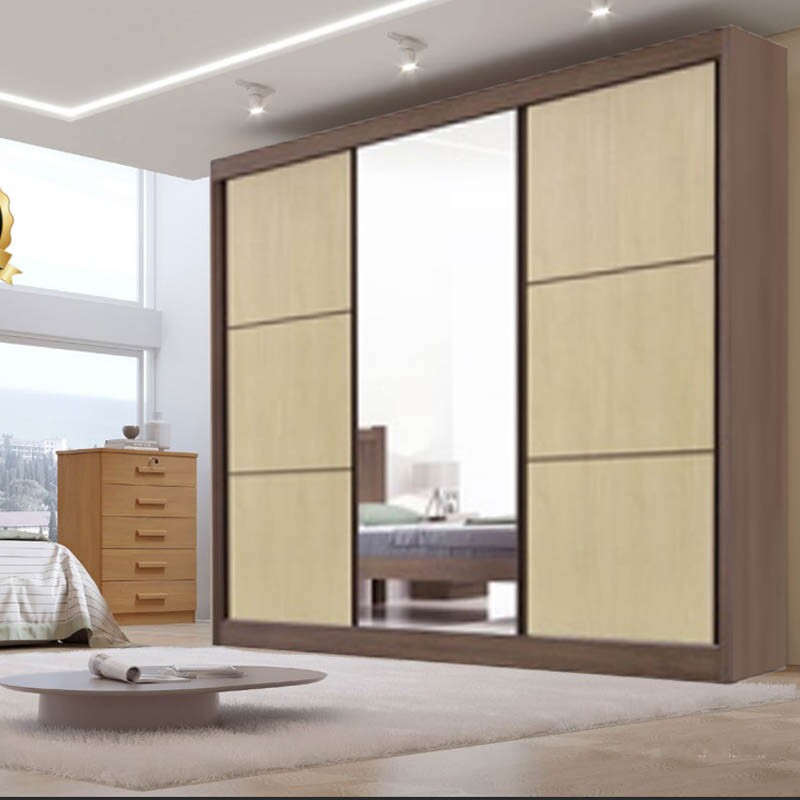 Guarda-Roupa Casal 3 Portas 6 Gavetas Cristal 100% MDF Castanho/Linho Larg. 2.42m Flex D Doro