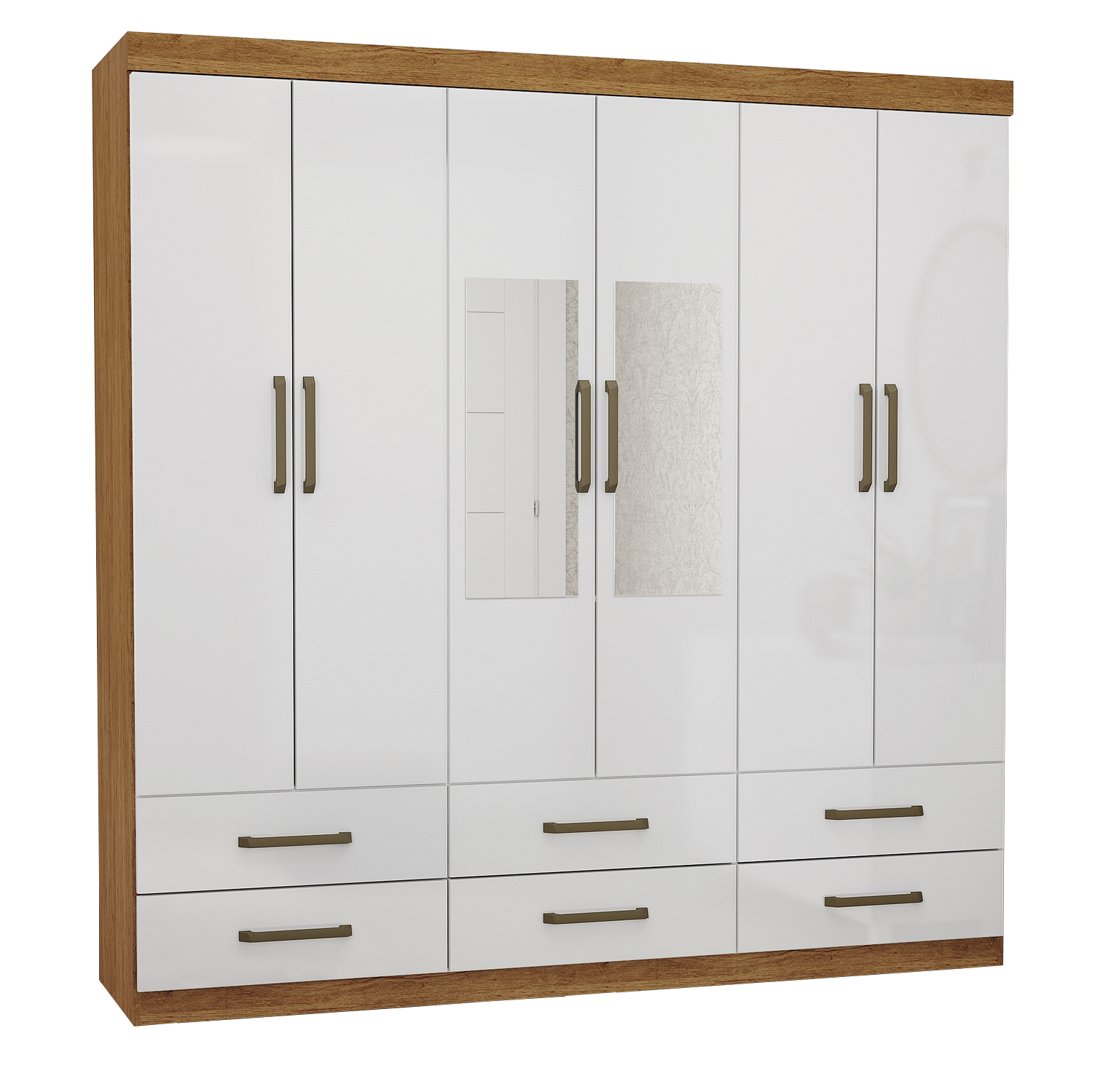 Guarda-Roupa 6 Portas(Com Espelho/Sem Pés)Dallas 1,53 m Cinamono/Branco – CARIOCA MÓVEIS - Imagem 2