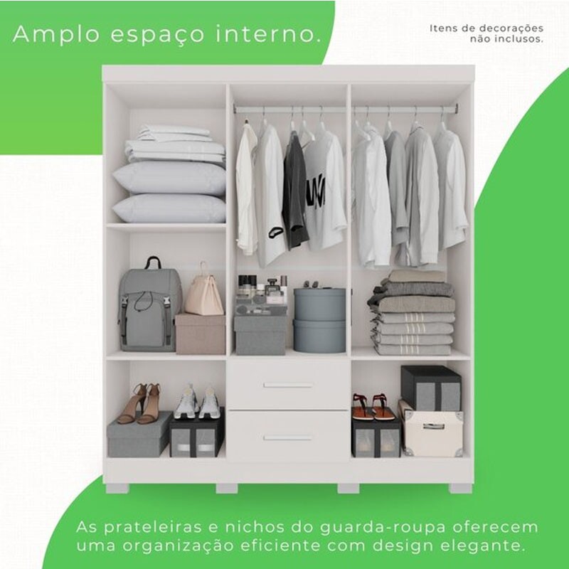 Guarda-Roupa Solteiro Estrela 6 Portas 2 Gavetas Branco Larg. 1.50m Sallêto Pés Grátis - Imagem 3