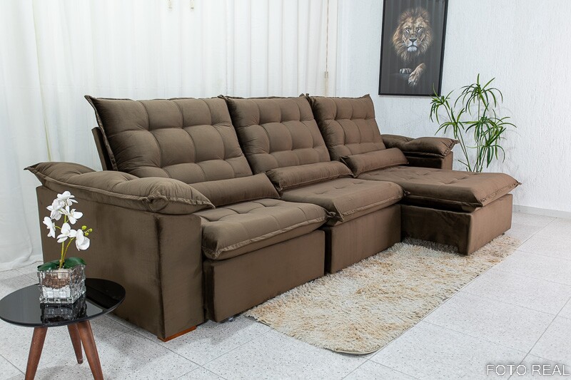 Sofá Retrátil Reclinável Emanuelly Veludo Marrom 19 Larg. 3.20m - D28 Soft - Imagem 3