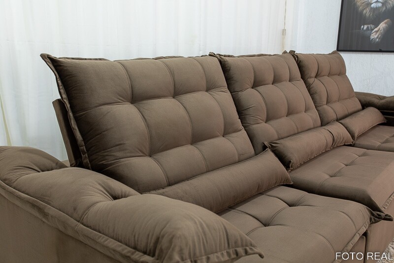 Sofá Retrátil Reclinável Emanuelly Veludo Marrom 19 Larg. 3.20m - D28 Soft - Imagem 7