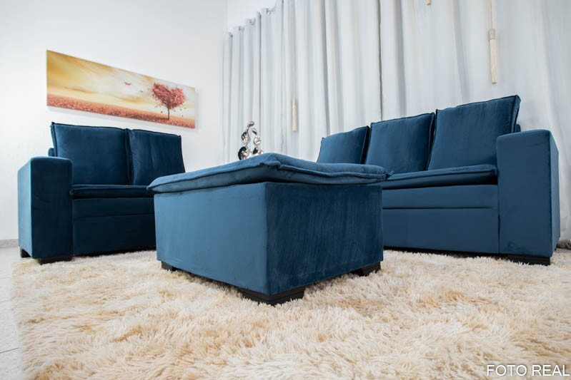 Sofá 3 e 2 lugares França com Puff Veludo Azul A16 - Imagem 3