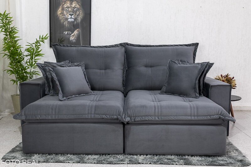 Sofá Retrátil Reclinável Ferrara 2.50m Veludo Cinza 20 D33 e Molas Ensacadas - Imagem 4