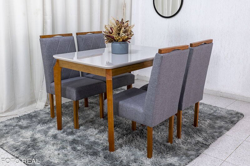 Mesa de Jantar Alegra Tampo Vidro Off 120×80 4 Cadeiras Diamante Linho Cinza 2904 JCM Madeira Maciça - Imagem 3