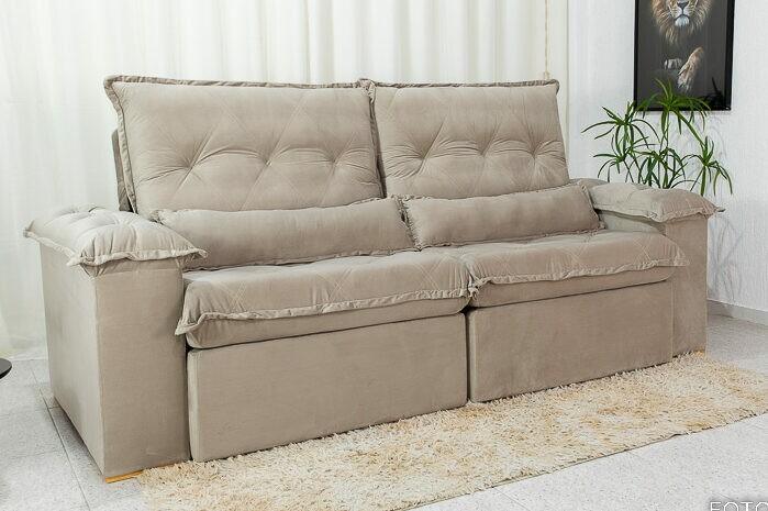 Sofá Retrátil Reclinável Califórnia 2.50m Veludo 525 Bege - D28 Hiper soft - Imagem 7
