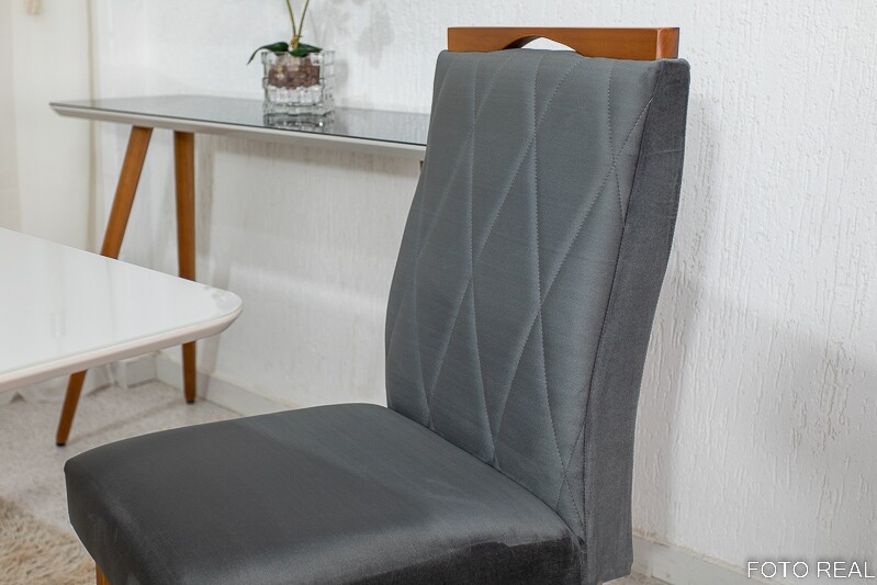 Mesa de Jantar Pedro Mel Vidro Off 160×80 6 Cadeiras Lisboa Veludo Cinza 507 Madeira Maciça Art Assento - Entregue Montada - Imagem 5