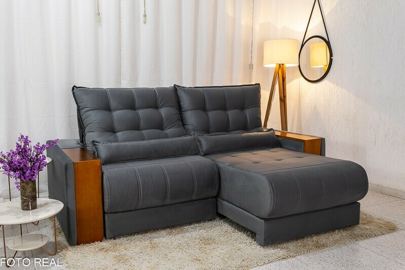 Sofá Retrátil Reclinável 2.50m Gênova Veludo Cinza 814 - Molas Ensacadas