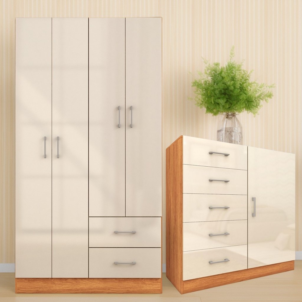 Guarda-Roupa 4 Portas Panamá 4002 + Cômoda 5 Gavetas Sapateira Miami Cinamono/Off White – FELLICCI