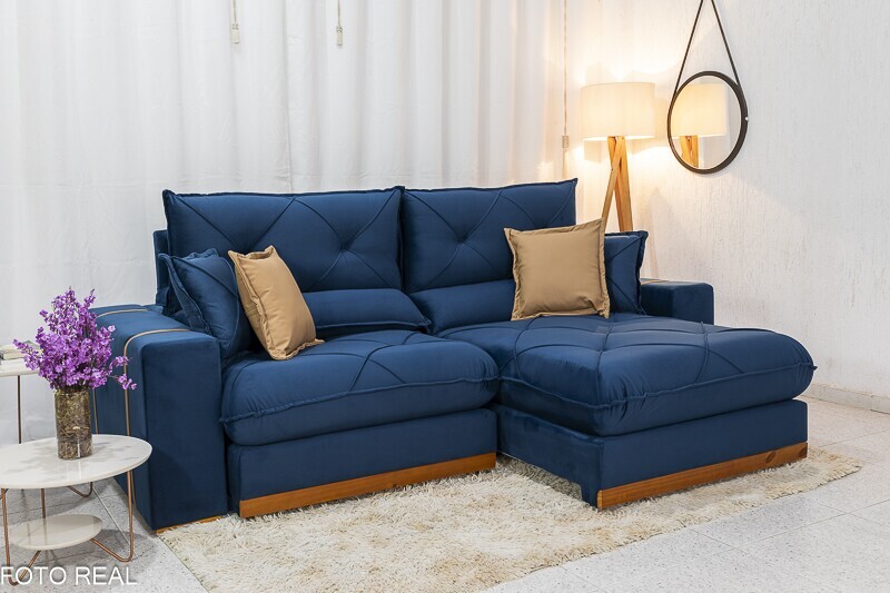 Sofá Retrátil Reclinável 2.50m Gran Bello Veludo Azul - D33 e Molas Ensacadas - Imagem 2